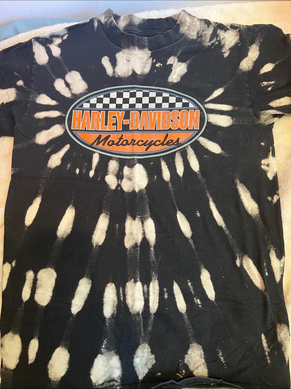 Vtg 90s Harley Davidson Holoubek Bleach Dye Shirt Checkered Racing USA